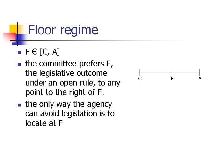 Floor regime n n n F Є [C, A] the committee prefers F, the