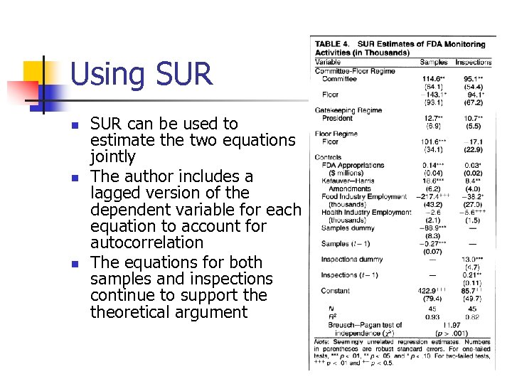 Using SUR n n n SUR can be used to estimate the two equations