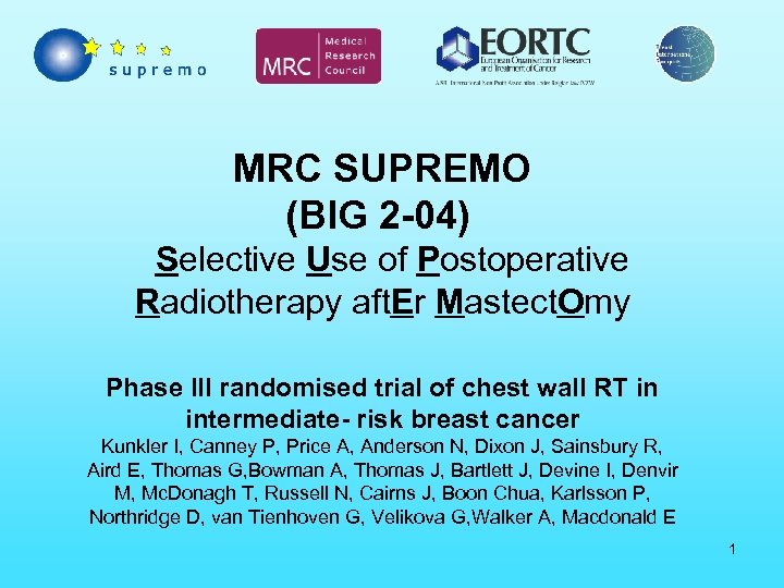 MRC SUPREMO (BIG 2 -04) Selective Use of Postoperative Radiotherapy aft. Er Mastect. Omy