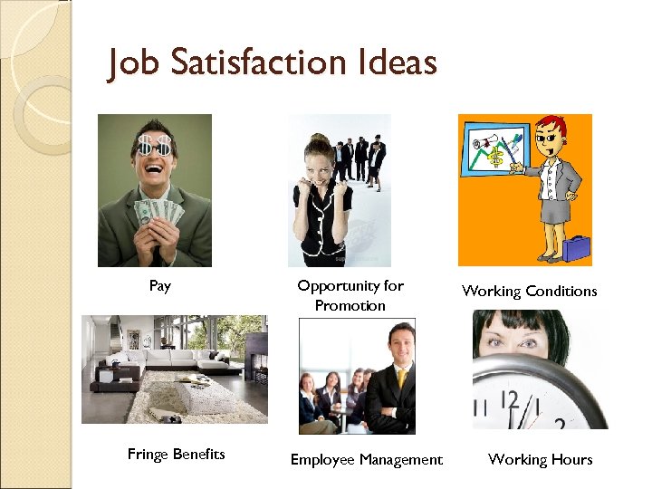 Job Satisfaction Ideas Pay Fringe Benefits Opportunity for Promotion Employee Management Working Conditions Working