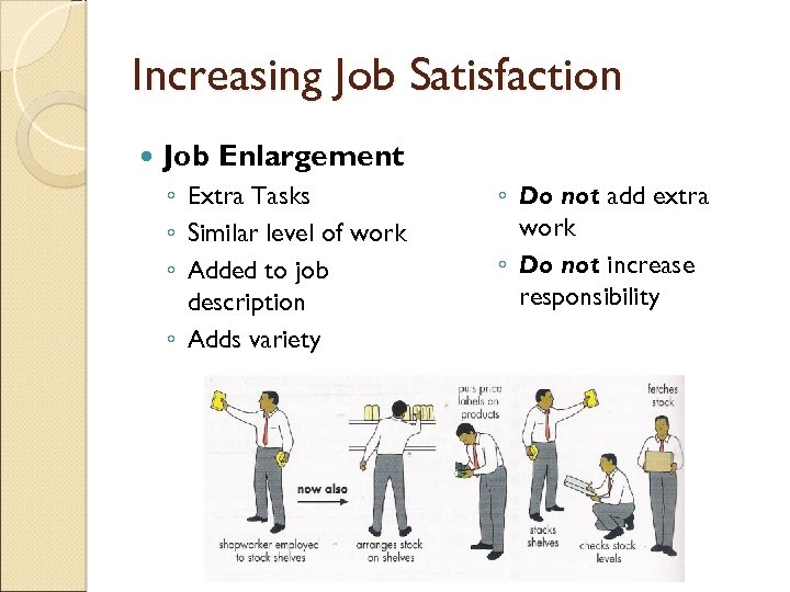Increasing Job Satisfaction Job Enlargement ◦ Extra Tasks ◦ Similar level of work ◦
