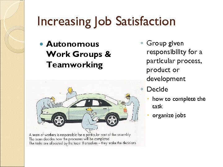Increasing Job Satisfaction Autonomous Work Groups & Teamworking ◦ Group given responsibility for a
