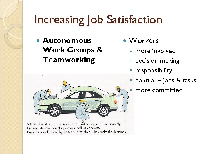 Increasing Job Satisfaction Autonomous Work Groups & Teamworking Workers ◦ ◦ ◦ more involved