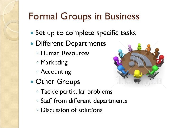 Formal Groups in Business Set up to complete specific tasks Different Departments ◦ Human