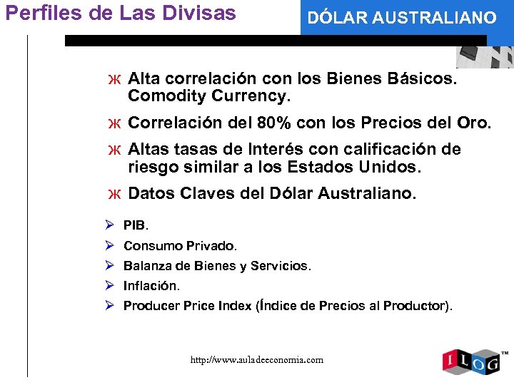 Perfiles de Las Divisas DÓLAR AUSTRALIANO ж Alta correlación con los Bienes Básicos. Comodity