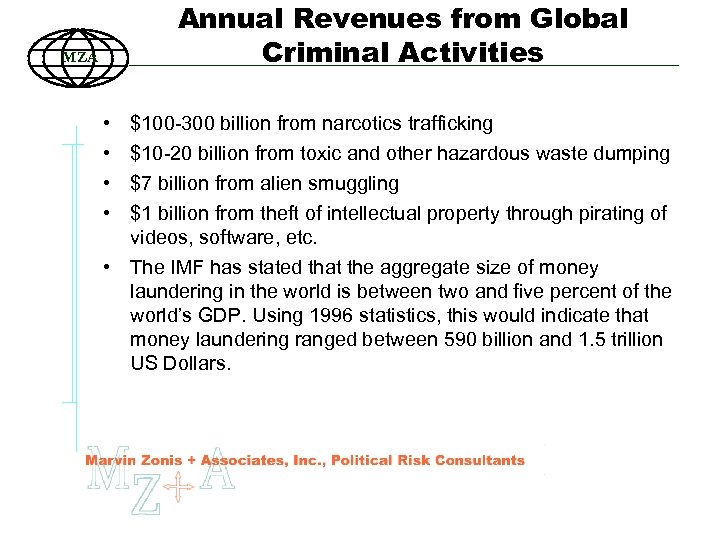 Annual Revenues from Global Criminal Activities MZA • • $100 -300 billion from narcotics