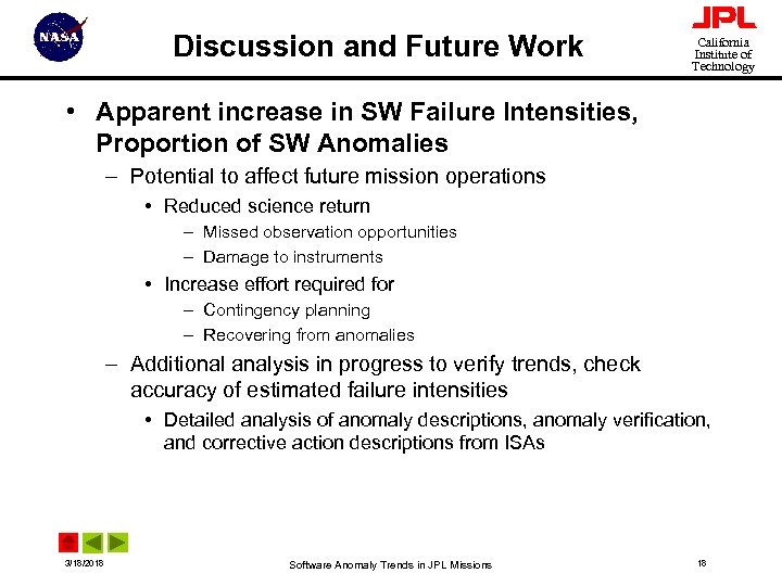 Discussion and Future Work California Institute of Technology • Apparent increase in SW Failure