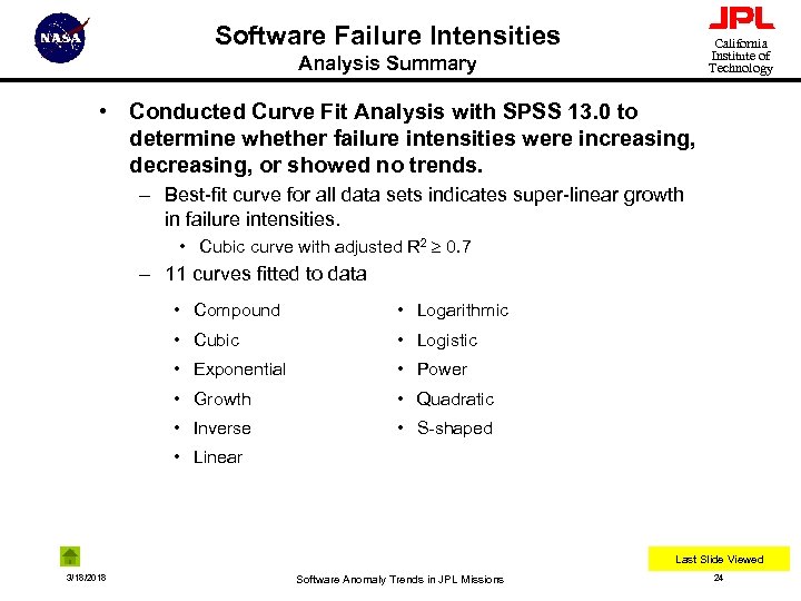Software Failure Intensities California Institute of Technology Analysis Summary • Conducted Curve Fit Analysis