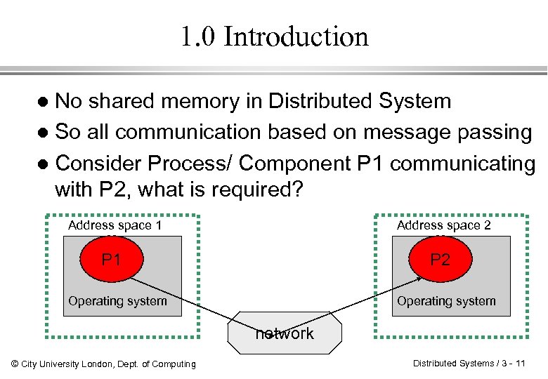 1. 0 Introduction No shared memory in Distributed System l So all communication based