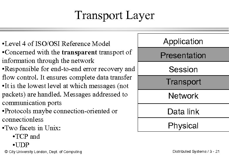 Transport Layer • Level 4 of ISO/OSI Reference Model • Concerned with the transparent