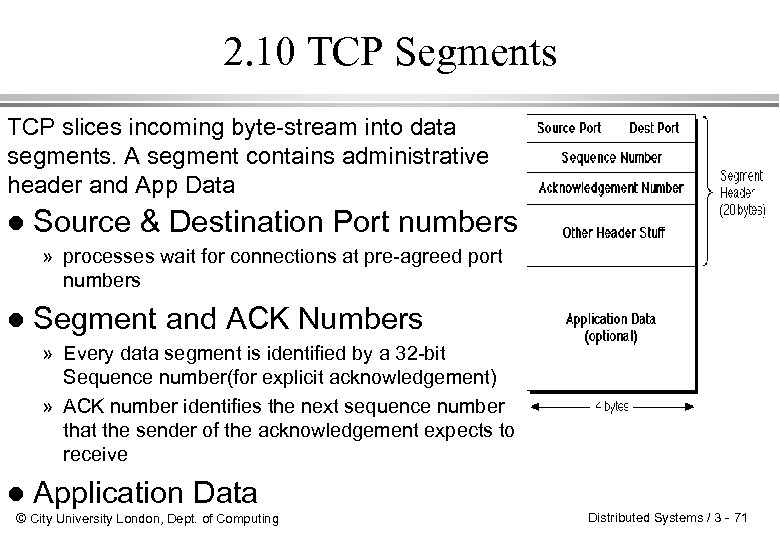 2. 10 TCP Segments TCP slices incoming byte-stream into data segments. A segment contains