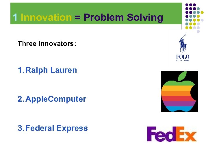  1 Innovation = Problem Solving Three Innovators: 1. Ralph Lauren 2. Apple. Computer