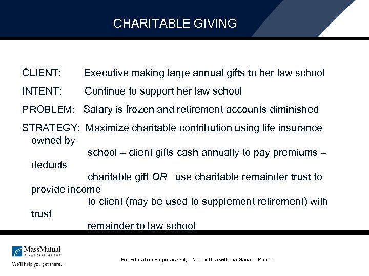 CHARITABLE GIVING CLIENT: Executive making large annual gifts to her law school INTENT: Continue