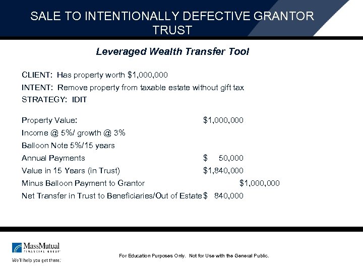 SALE TO INTENTIONALLY DEFECTIVE GRANTOR TRUST Leveraged Wealth Transfer Tool CLIENT: Has property worth