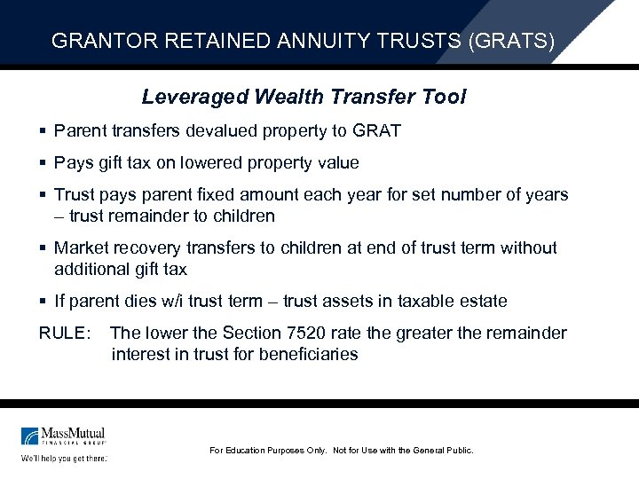 GRANTOR RETAINED ANNUITY TRUSTS (GRATS) Leveraged Wealth Transfer Tool § Parent transfers devalued property