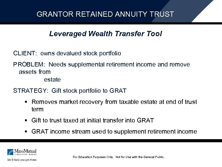 GRANTOR RETAINED ANNUITY TRUST Leveraged Wealth Transfer Tool CLIENT: owns devalued stock portfolio PROBLEM: