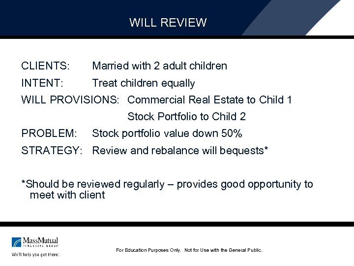 WILL REVIEW CLIENTS: Married with 2 adult children INTENT: Treat children equally WILL PROVISIONS: