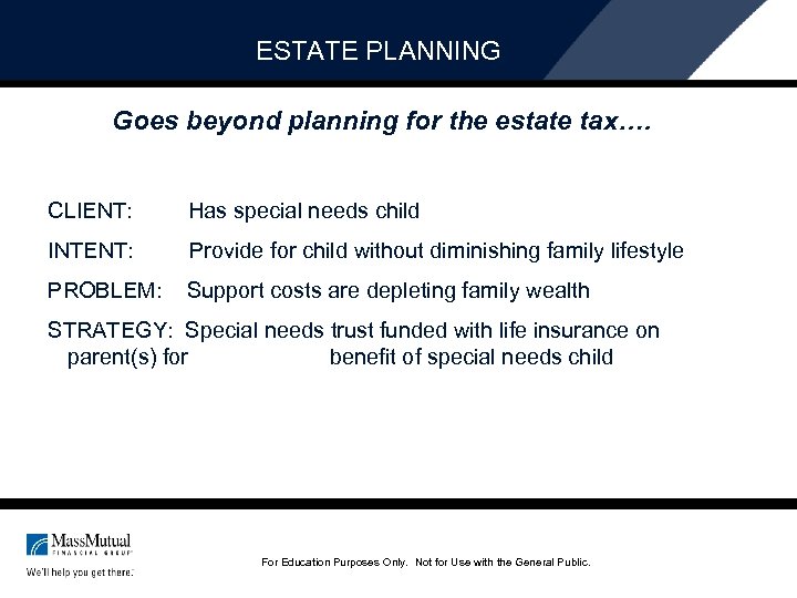 ESTATE PLANNING Goes beyond planning for the estate tax…. CLIENT: Has special needs child