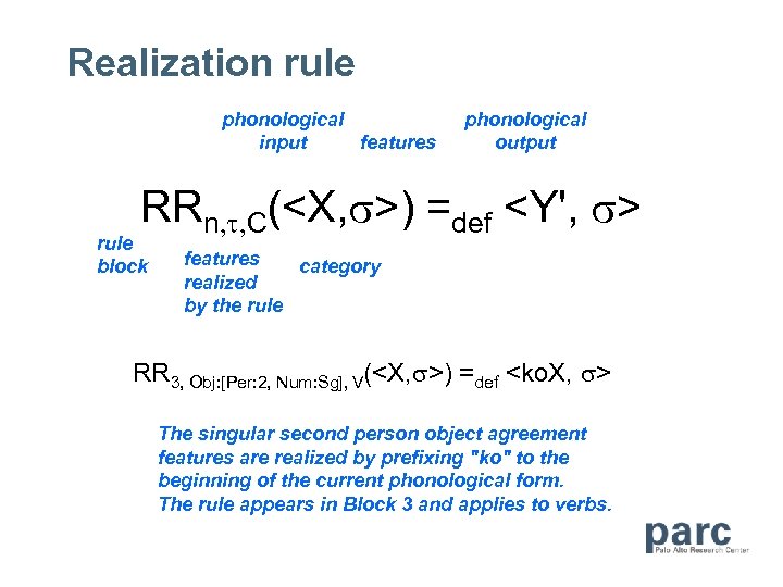 Realization rule phonological input features phonological output RRn, t, C(<X, s>) =def <Y', s>