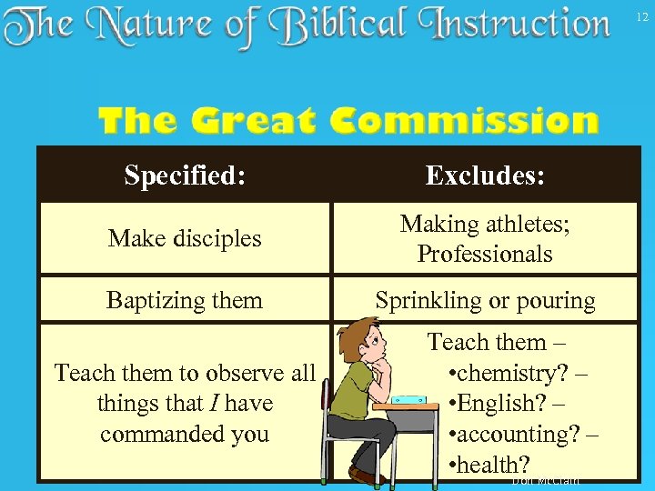 12 Specified: Excludes: Make disciples Making athletes; Professionals Baptizing them Sprinkling or pouring Teach