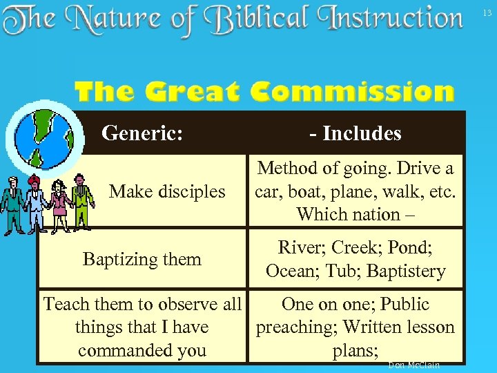 13 Generic: Make disciples Baptizing them - Includes Method of going. Drive a car,