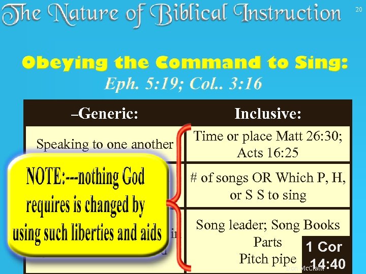 20 –Generic: Inclusive: Speaking to one another Time or place Matt 26: 30; Acts