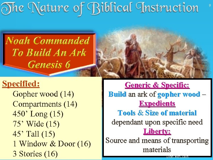 9 Specified: Gopher wood (14) Compartments (14) 450’ Long (15) 75’ Wide (15) 45’