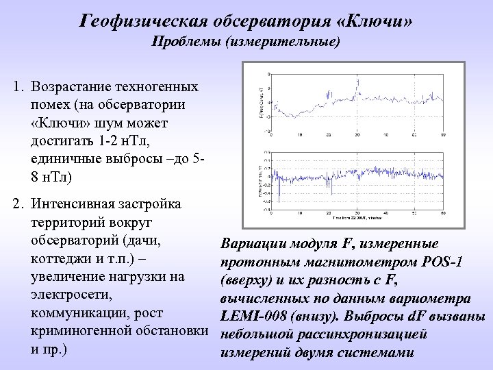 Геофизическая обсерватория «Ключи» Проблемы (измерительные) 1. Возрастание техногенных помех (на обсерватории «Ключи» шум может
