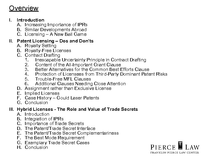 Overview I. Introduction A. Increasing Importance of IPRs B. Similar Developments Abroad C. Licensing