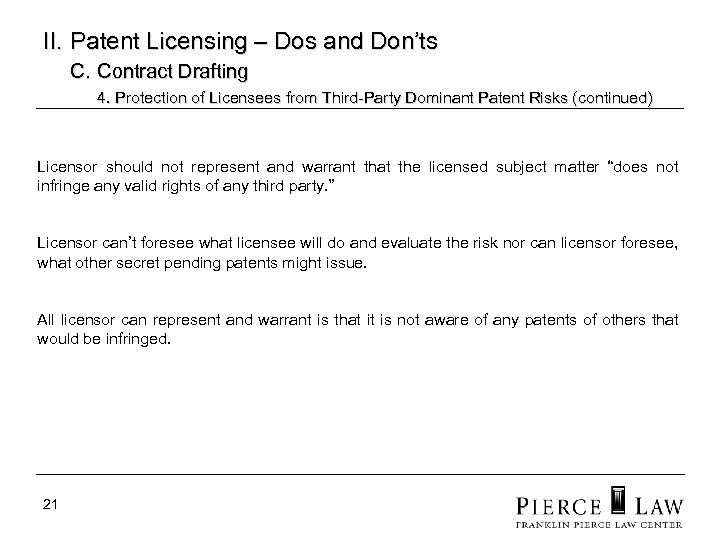 II. Patent Licensing – Dos and Don’ts C. Contract Drafting 4. Protection of Licensees