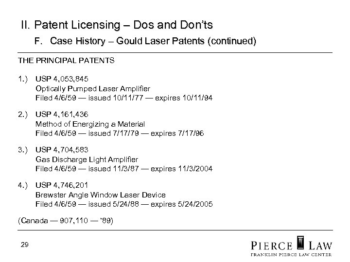 II. Patent Licensing – Dos and Don’ts F. Case History – Gould Laser Patents