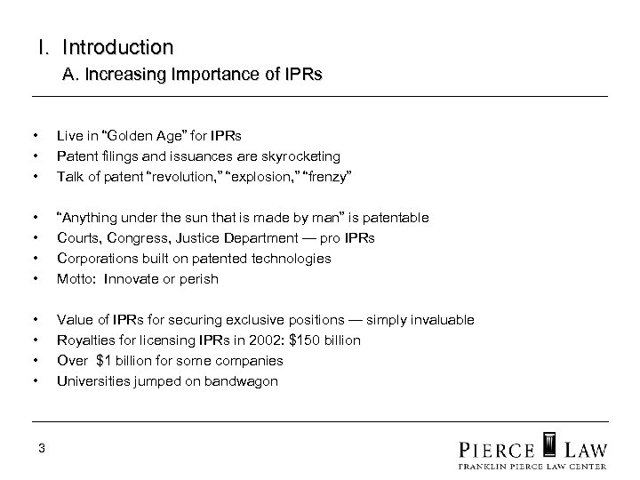 I. Introduction A. Increasing Importance of IPRs • • • Live in “Golden Age”