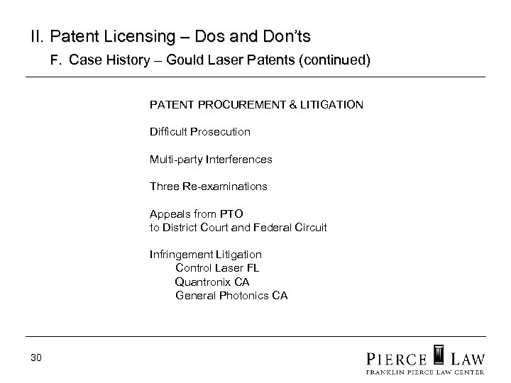 II. Patent Licensing – Dos and Don’ts F. Case History – Gould Laser Patents