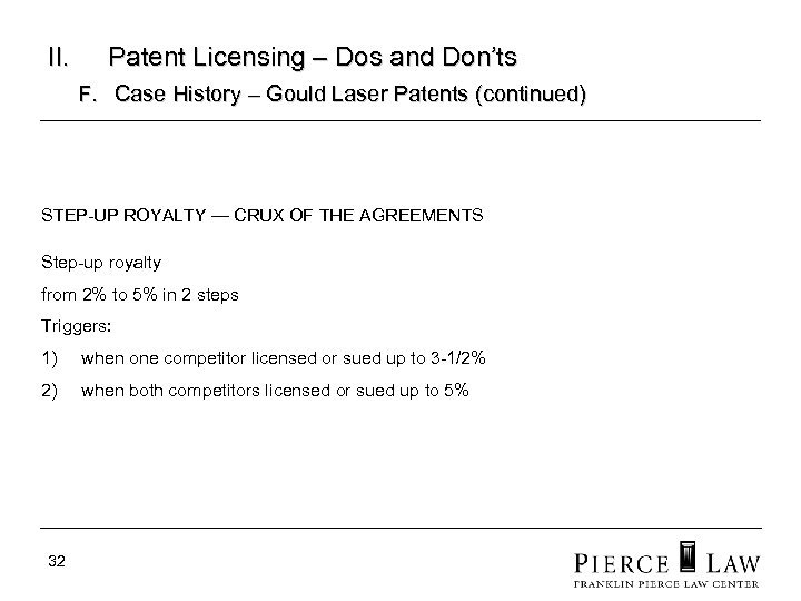 II. Patent Licensing – Dos and Don’ts F. Case History – Gould Laser Patents