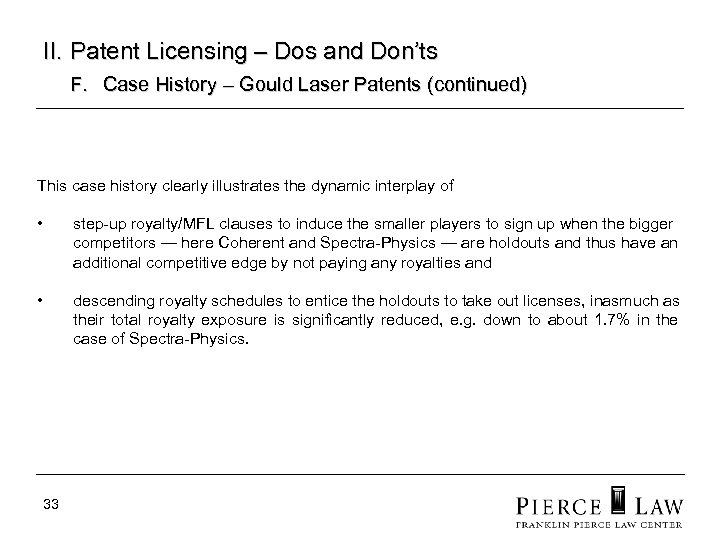 II. Patent Licensing – Dos and Don’ts F. Case History – Gould Laser Patents