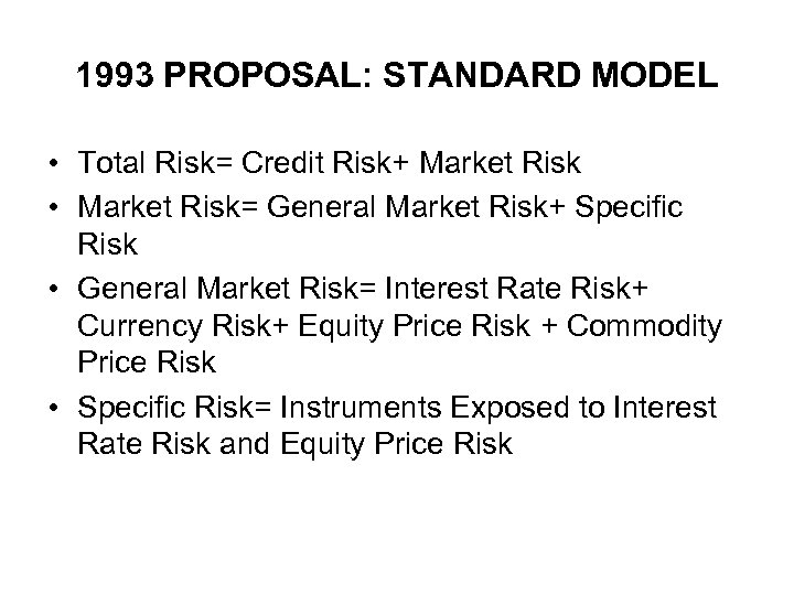 1993 PROPOSAL: STANDARD MODEL • Total Risk= Credit Risk+ Market Risk • Market Risk=
