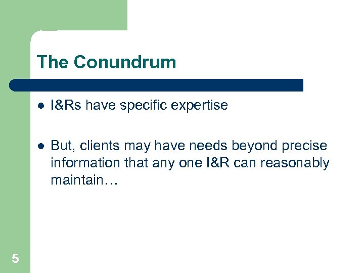 The Conundrum l l 5 I&Rs have specific expertise But, clients may have needs