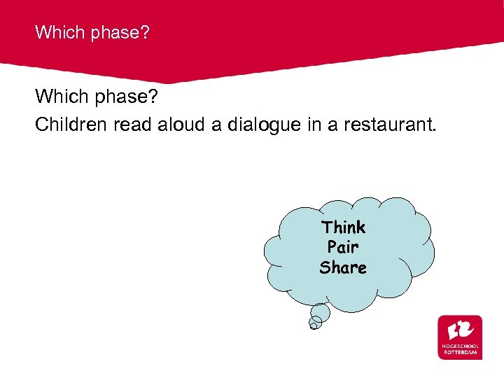 Which phase? Children read aloud a dialogue in a restaurant. Think Pair Share 