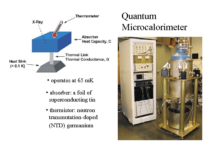 Quantum Microcalorimeter • operates at 65 m. K • absorber: a foil of superconducting