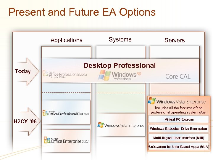 Present and Future EA Options Applications Today Systems Servers Desktop Professional Core CAL Includes