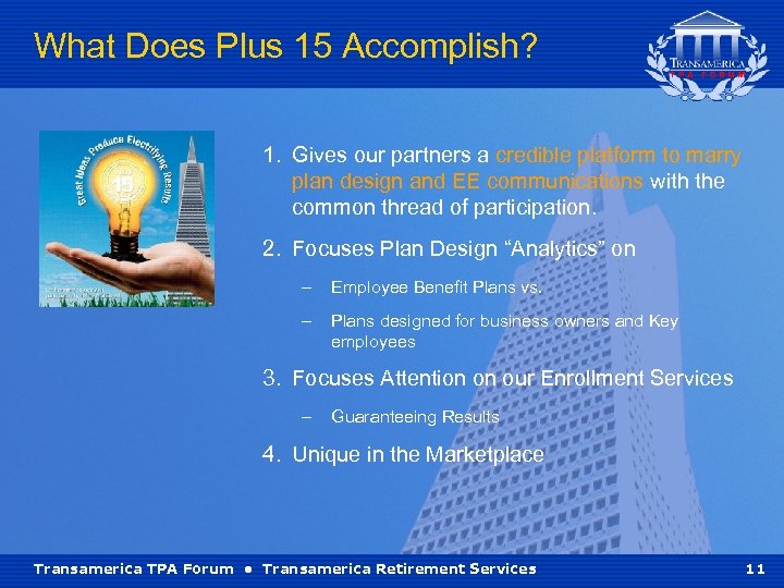 What Does Plus 15 Accomplish? 1. Gives our partners a credible platform to marry