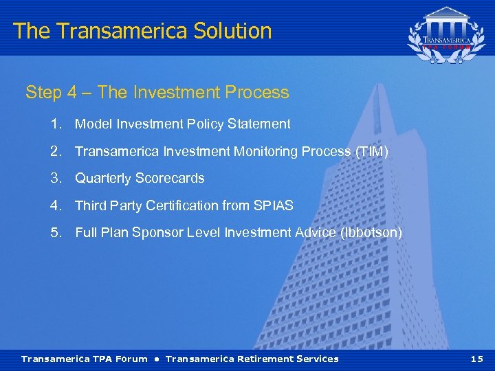 The Transamerica Solution Step 4 – The Investment Process 1. Model Investment Policy Statement