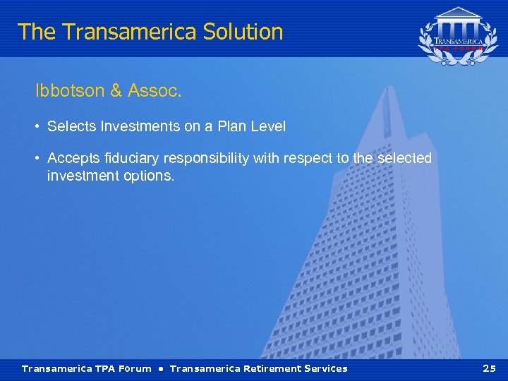 The Transamerica Solution Ibbotson & Assoc. • Selects Investments on a Plan Level •