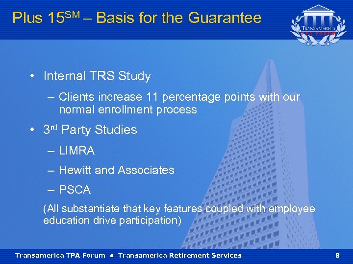 Plus 15 SM – Basis for the Guarantee • Internal TRS Study – Clients