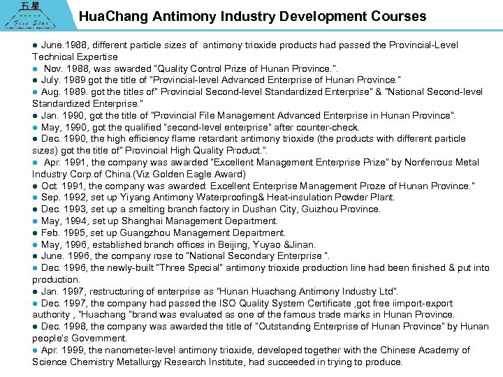 Hua. Chang Antimony Industry Development Courses ● June. 1988, different particle sizes of antimony