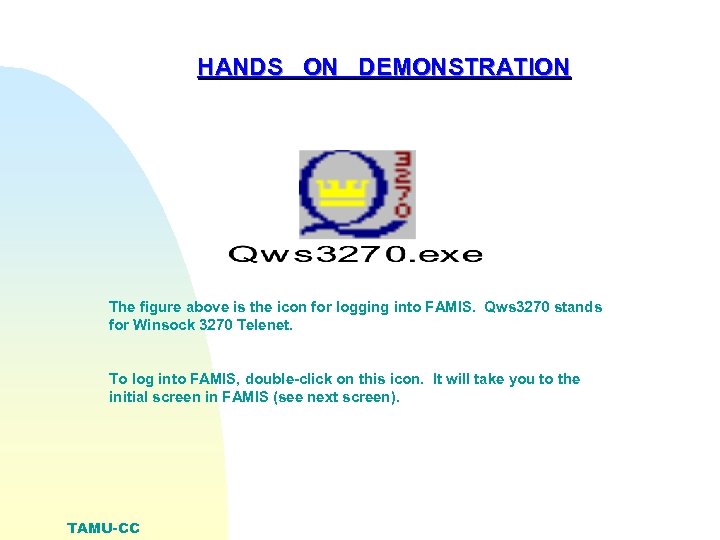 HANDS ON DEMONSTRATION The figure above is the icon for logging into FAMIS. Qws
