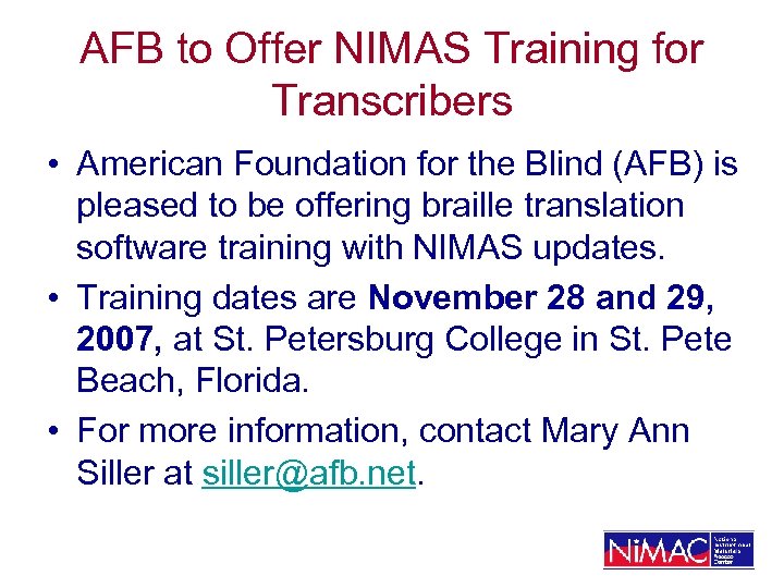 AFB to Offer NIMAS Training for Transcribers • American Foundation for the Blind (AFB)