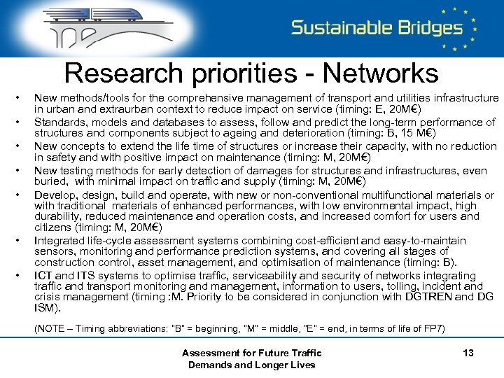 Research priorities - Networks • • New methods/tools for the comprehensive management of transport