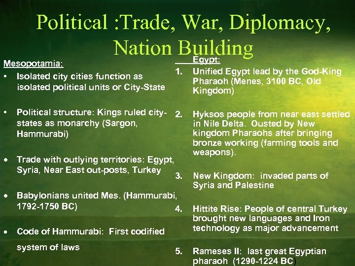 Political : Trade, War, Diplomacy, Nation Building Egypt: Mesopotamia: • Isolated city cities function