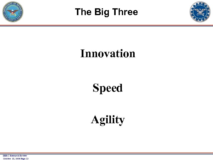 The Big Three Innovation Speed Agility SERC Research Review October 15, 2009 Page-13 